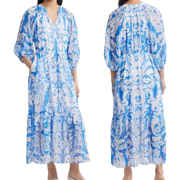 New Julia Jordan Women's Maxi Dress Blue Ivory Paisley Print Tie Waist Size L - Picture 1 of 16